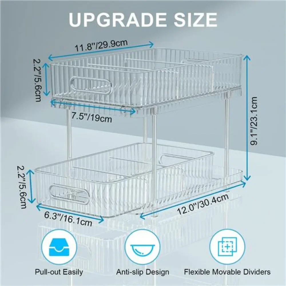 2 Pack Bathroom Cabinet Organizer, 2 Tier Pull Out Clear Under Sink Organizers